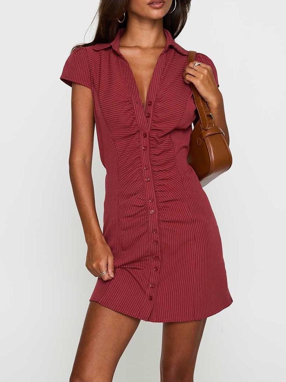 Princess Polly Button-Front Shirt Dress Red Pinstripe Size 4